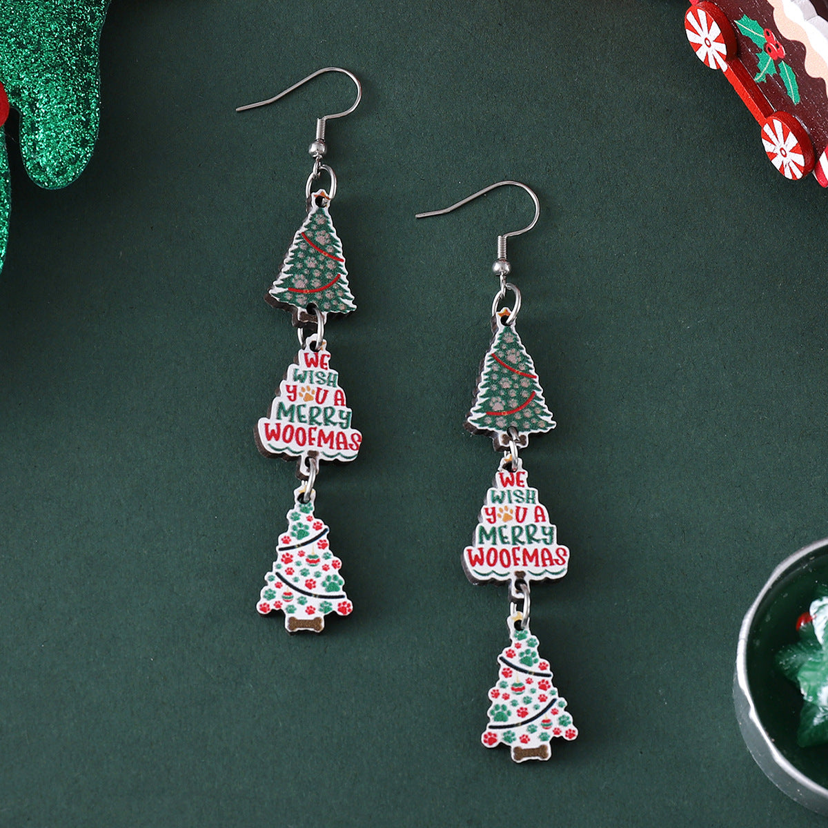 Christmas Colorful Dog's Paw Tree Plaid Earrings