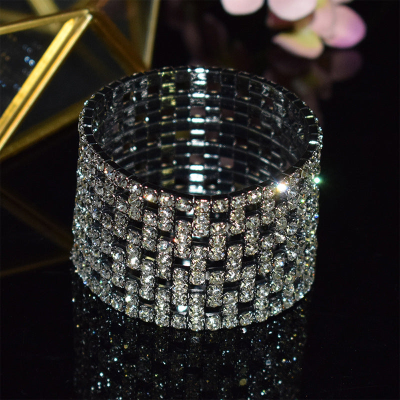 Elastic Hollow Rubber Band Full Rhinestone Exaggerated Wide Bangle Bracelets