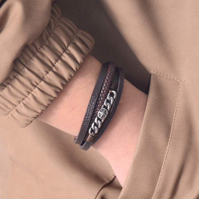 Men's Stainless Steel Chain Cross Woven Leather Bracelets