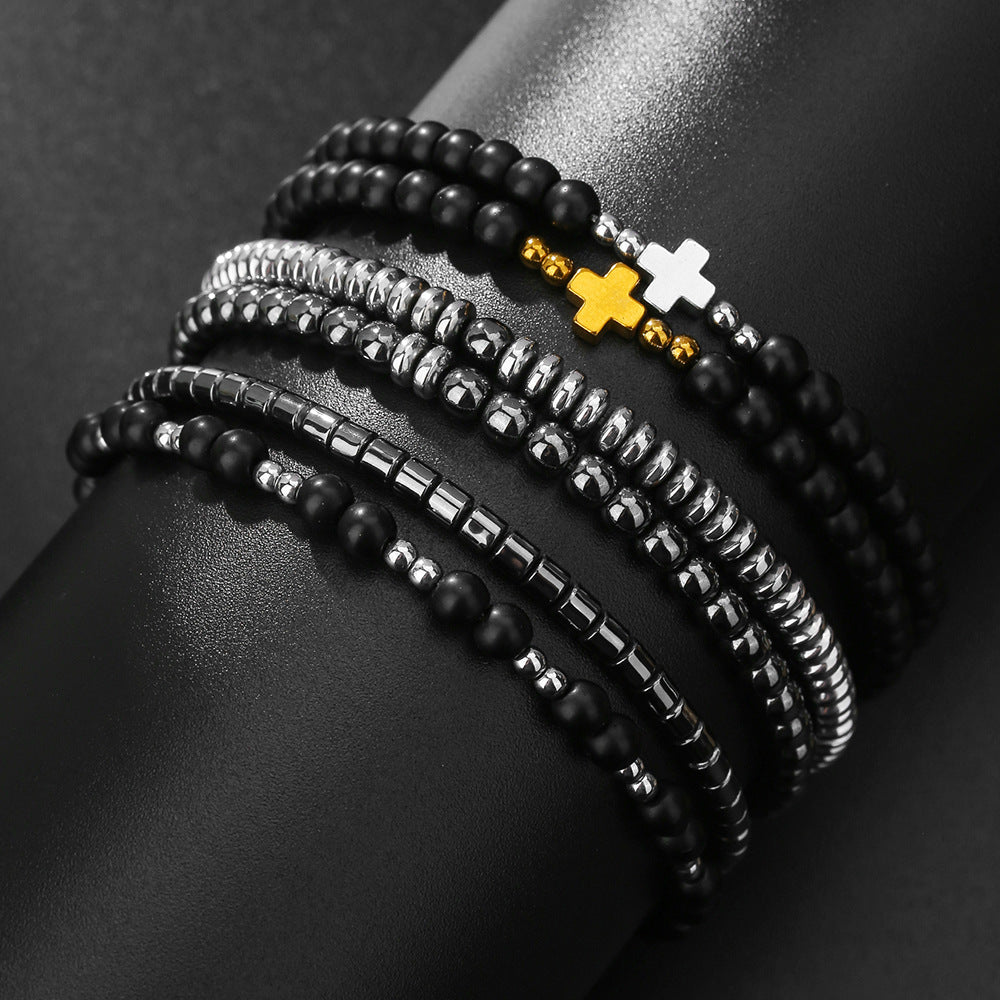 Men's Wind Hematite Combination Design Cross Twin Bracelets