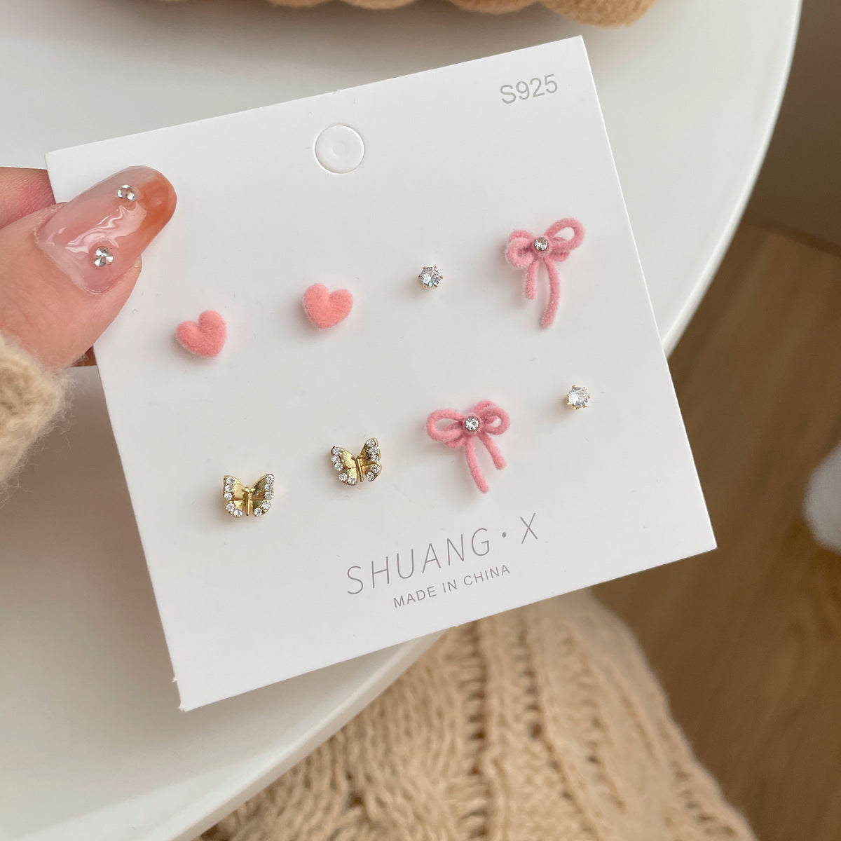 Sweet Bow Flocking Pcs Set Sier Needle Heart-shaped Earrings