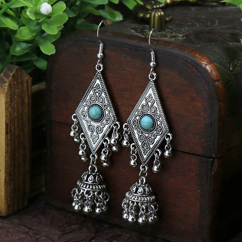 Women's Vintage Acrylic Turquoise Suit Minority Ancient Alloy Earrings