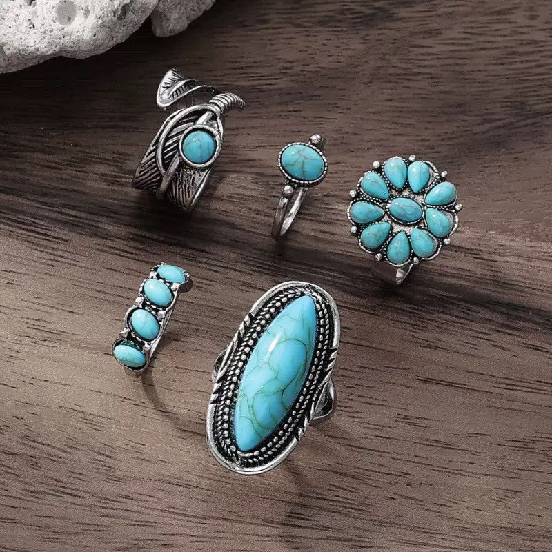 Retro Ethnic Feather Carved Turquoise Female Bohemian Rings