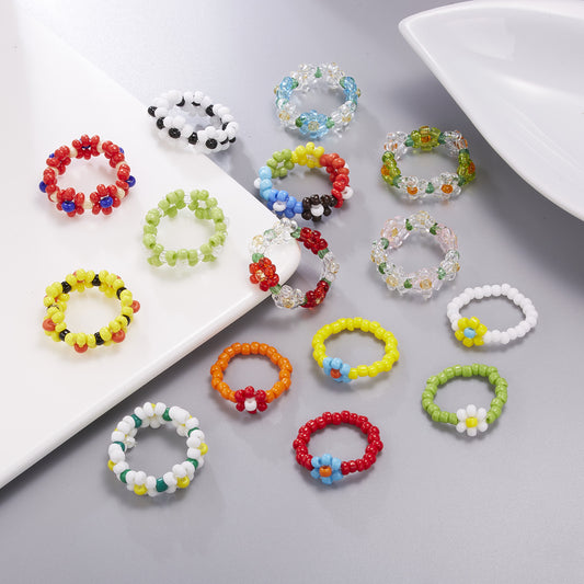 Women's Handmade Bead Flower Colored Woven Small Rings