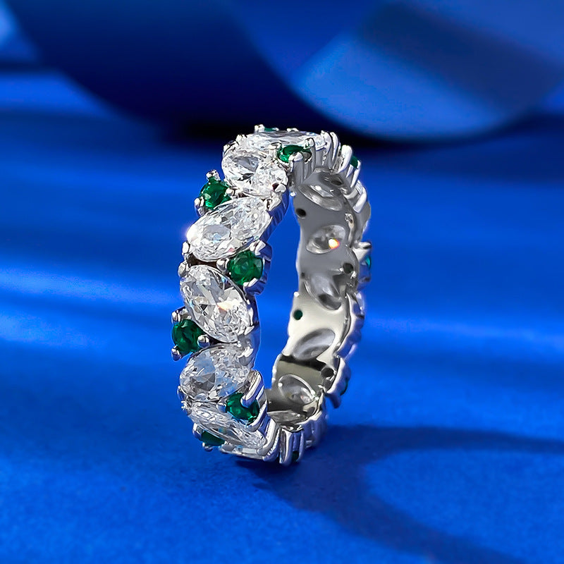 Oval Row Diamond Artificial Green Pointed Rings