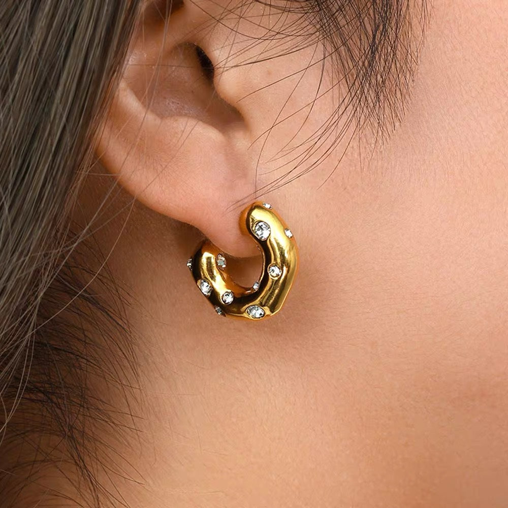Wind Shaped Hammered Inlaid Zircon Pearl Ear Earrings