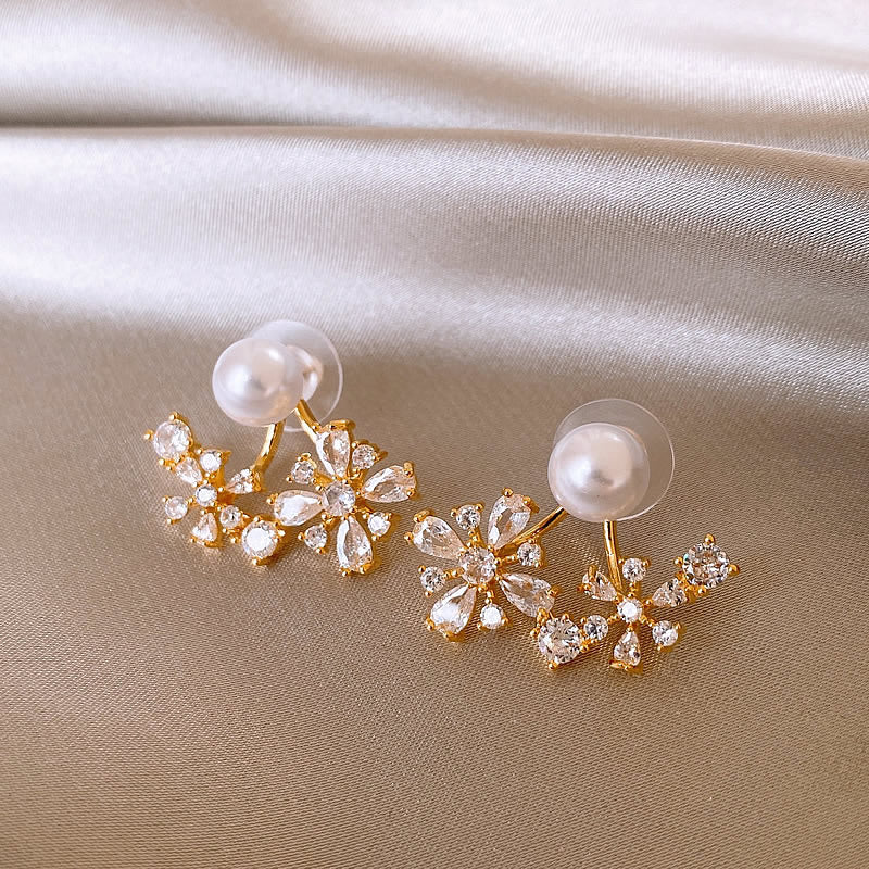 Needle Zircon Flower Pearl Tassel Retro Earrings