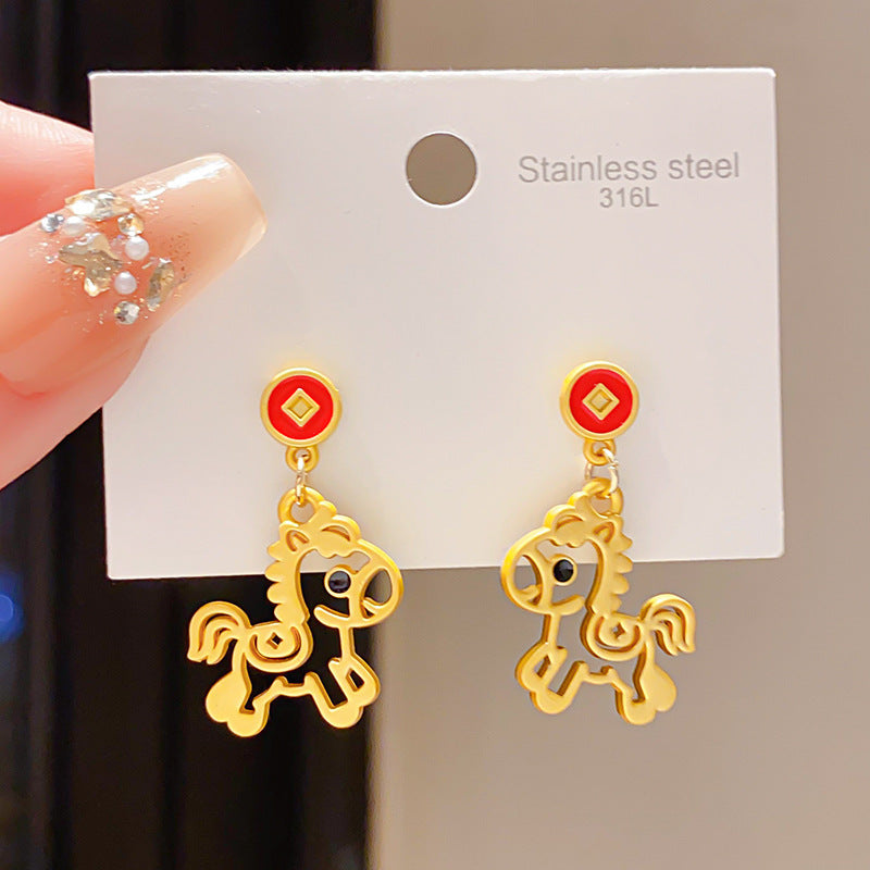 Women's Sier Needle Zircon Life Red Pony Light Luxury Earrings