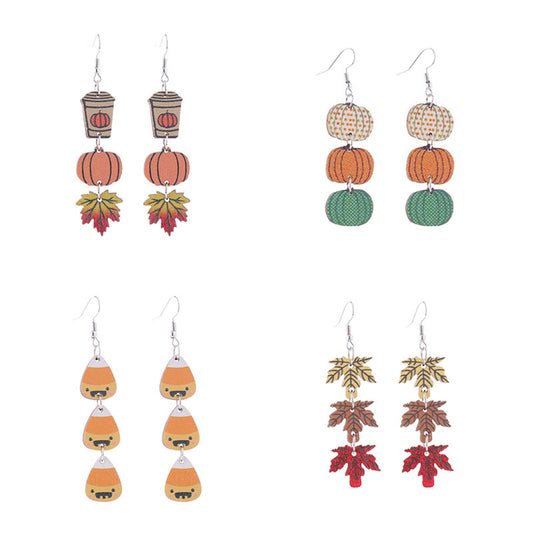 Thanksgiving Wooden Colorful Maple Leaf Three-color Earrings