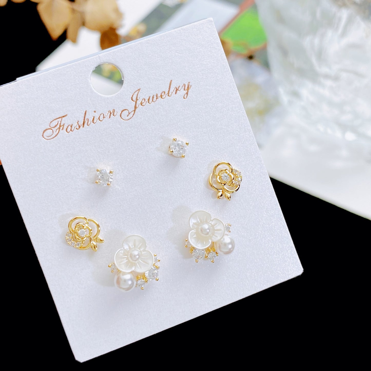 Women's Rhinestone Pearl Three Pairs Storage Ear Earrings