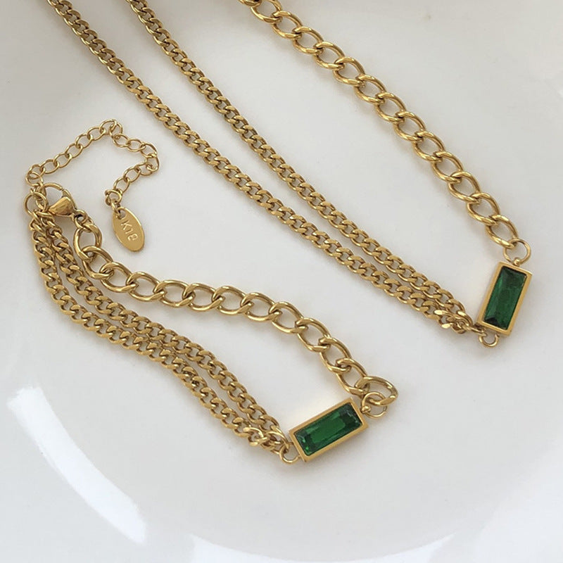 Women's Chain Zircon Double Twin Simple Green Necklaces