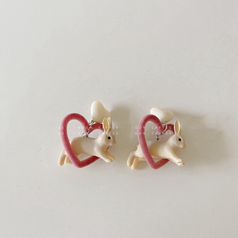 Women's Flocking Sier Needle Small Cute Rabbit Earrings