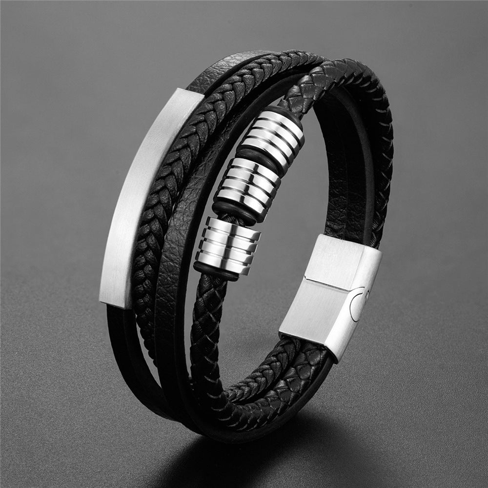 Men's Popular Titanium Steel Authentic Leather Weave Bracelet