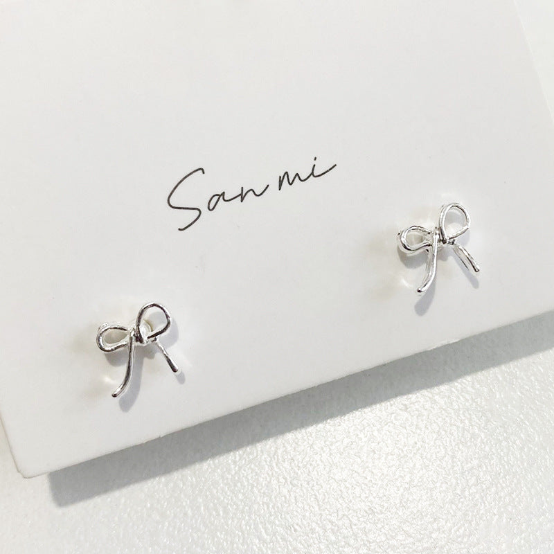 Fresh Plain Sier Plated Bow Female Small Simple Stud Earrings
