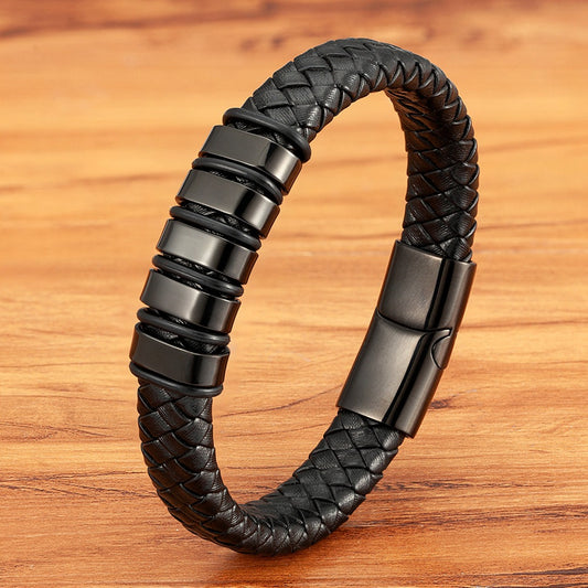 Men's Combination Small Mosaic Stainless Steel Leather Bracelet