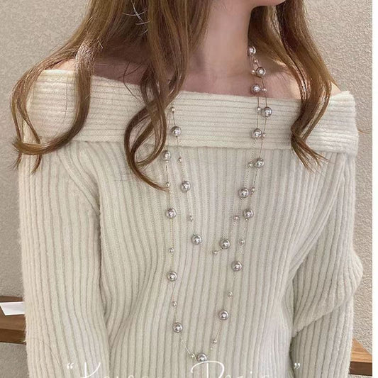 Selected Gray Glass Pearl Stackable Long Necklaces