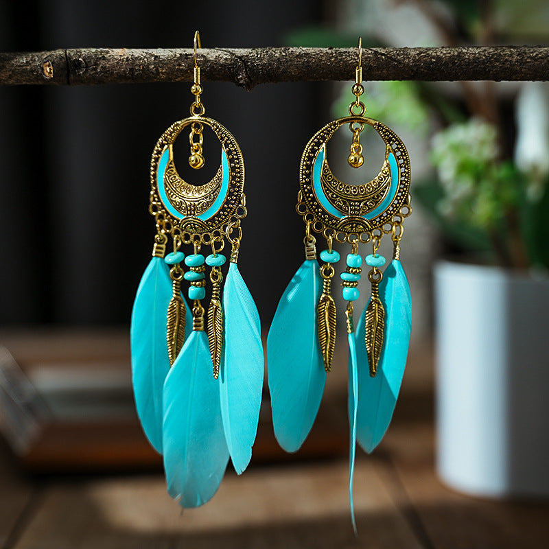 Women's Crescent-shaped Long Wine Red Feather Tassel For Retro Earrings