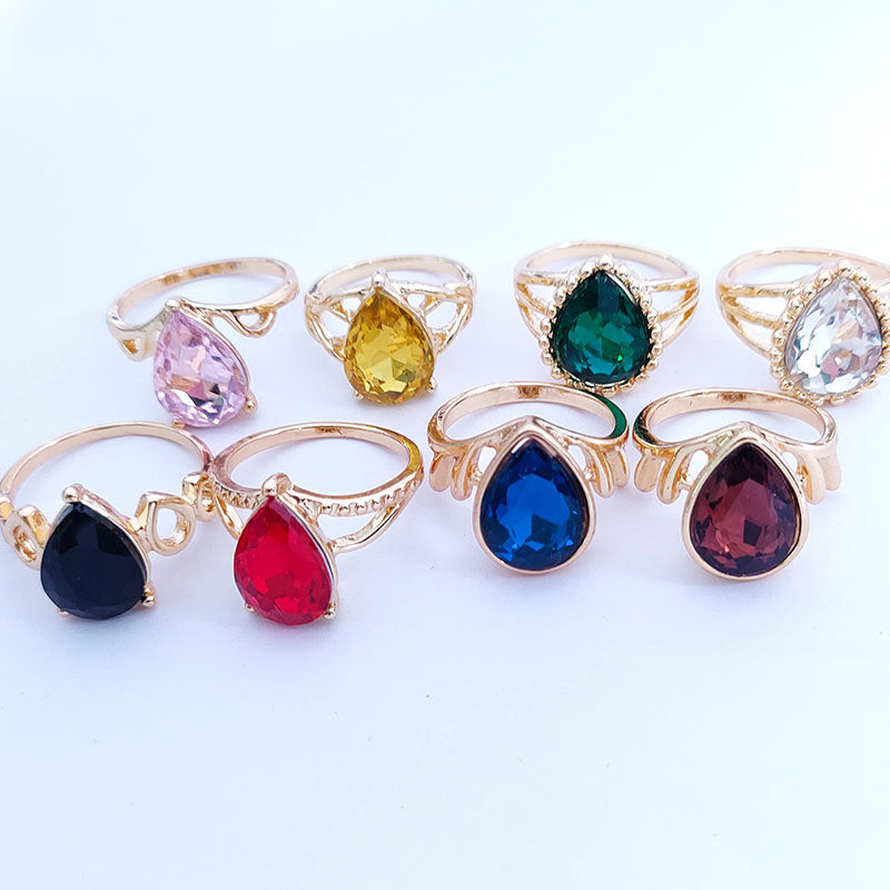 Drop-shaped Colored Glass Fashionable Gold Female Rings