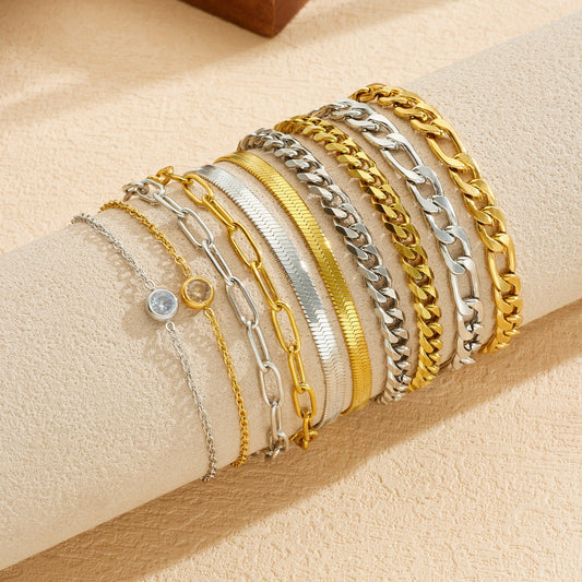 Fashionable Layered Wear Cuban Link Chain Cross Gold-plated Stainless Steel Bracelet