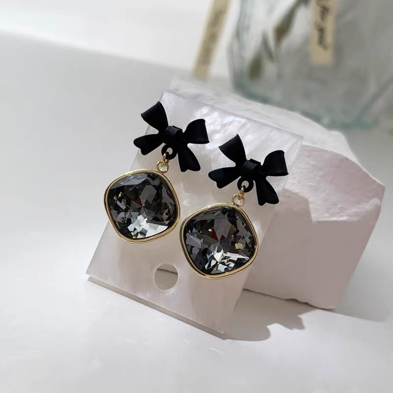 Women's Black Bow Large Rhinestone Trendy Elegant Earrings