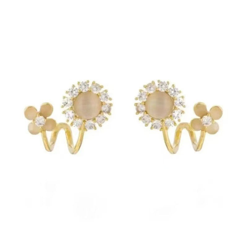 Opal Flower Sier Needle Sun Ear Stud Earrings