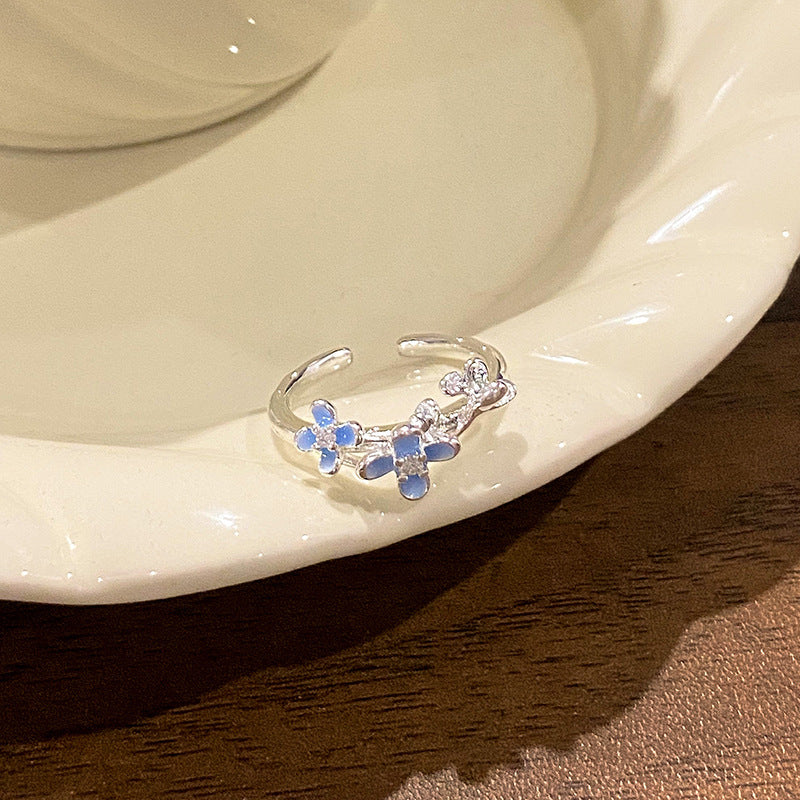 Falling Broken Blue Square Diamond Flower Branches Tendrils Female Gentle Ring