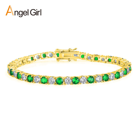 Round Gold Zircon Green Horoscope Buckle Tennis Copper Bracelets