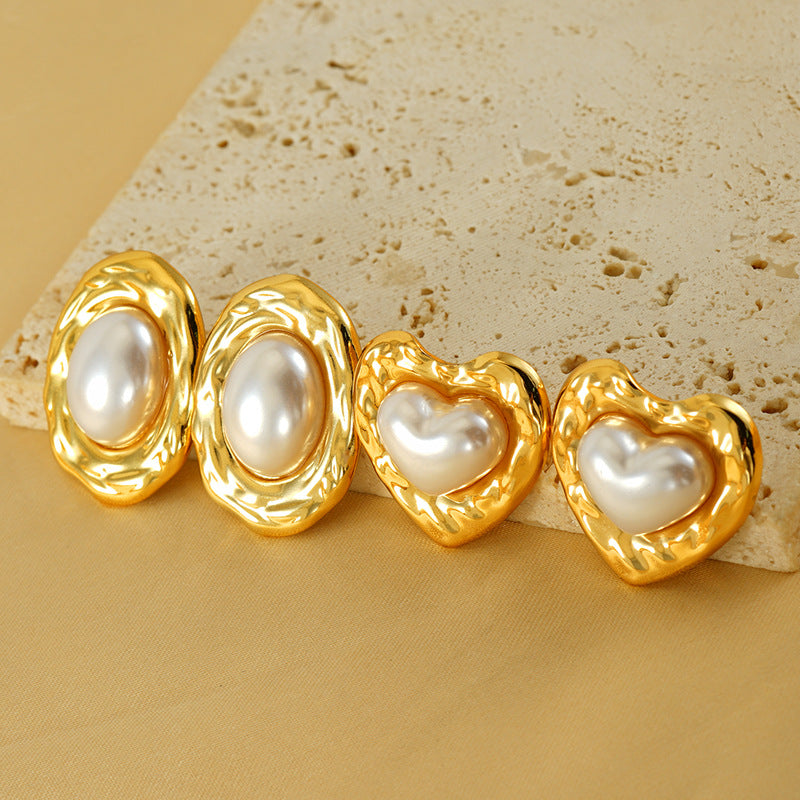 Entry Lux Love Oval Titanium Steel Fashion Pearl Pleated Earrings