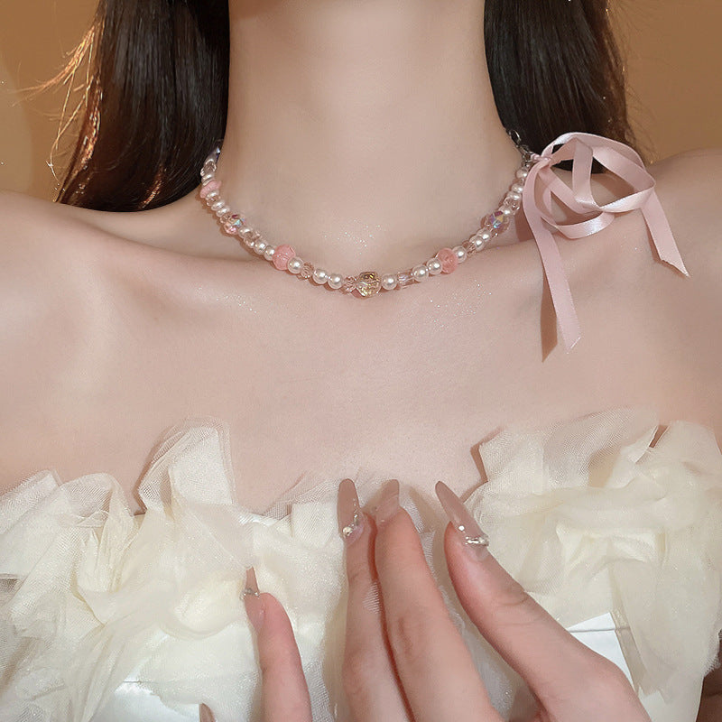 Heart Bow Pearl Korean Artsy Temperament Necklaces