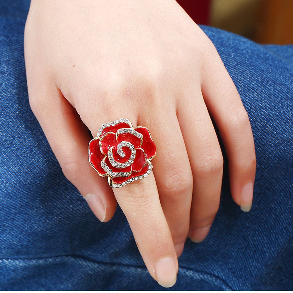 Women's Creative Adjustable Alloy Flower Drop Oil Diamond Rose Ring