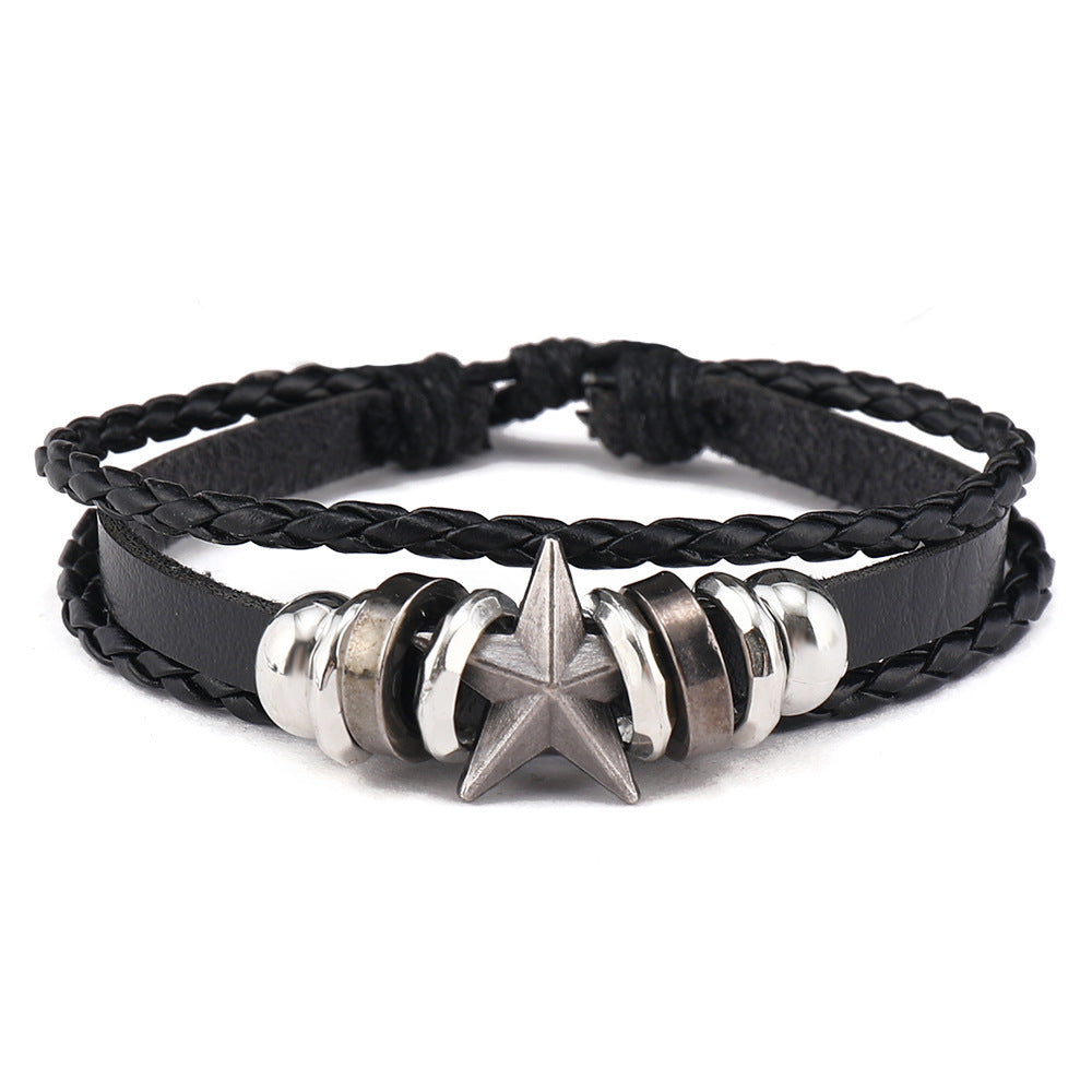 Men's Fashion Width Leather Domineering Personalized Alloy Five-pointed Bracelet