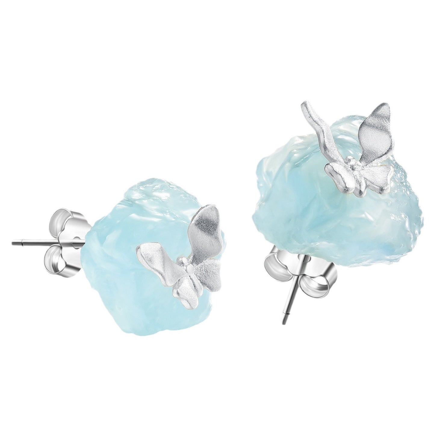 Natural Aquamarine Sterling Sier Butterfly Handmade Earrings