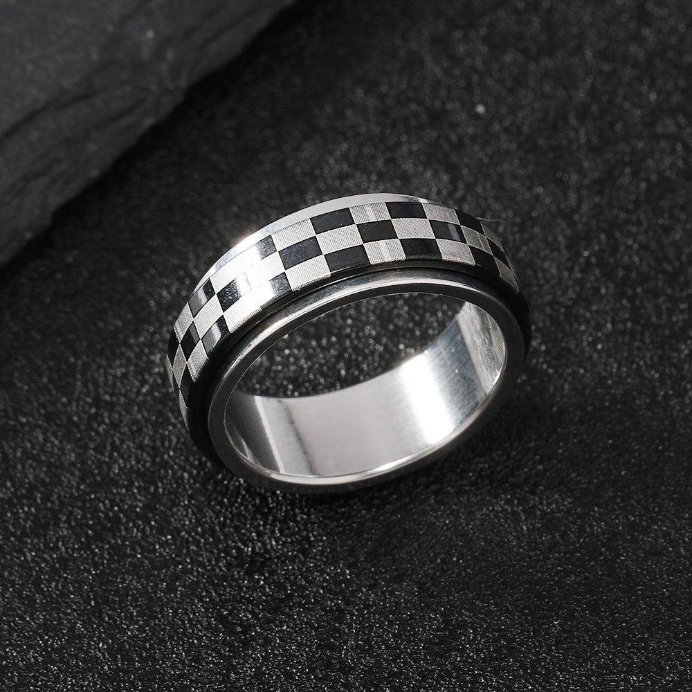 Steel Classic Black White Chessboard Lattice Rings