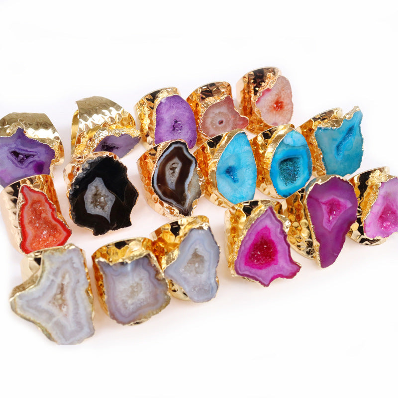 Agate Crystal Hole Rough Stone Electroplated Rings