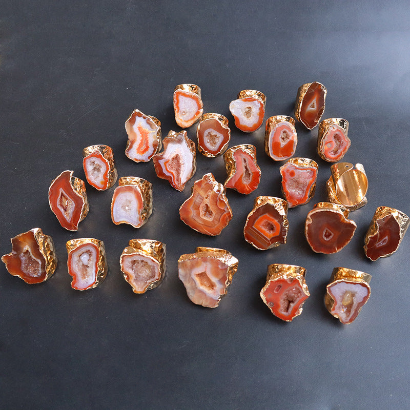 Agate Crystal Hole Rough Stone Electroplated Rings