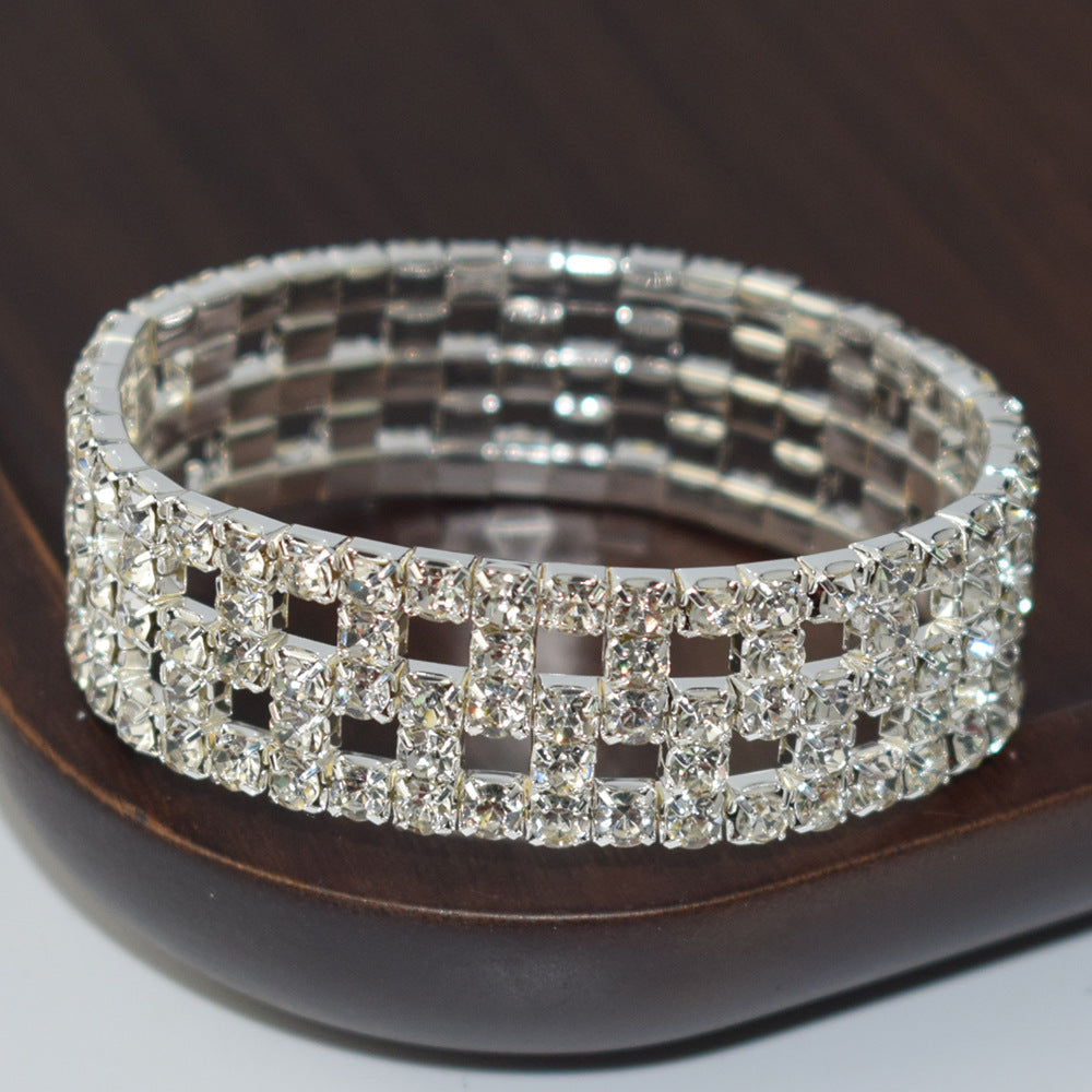 Elastic Hollow Rubber Band Full Rhinestone Exaggerated Wide Bangle Bracelets