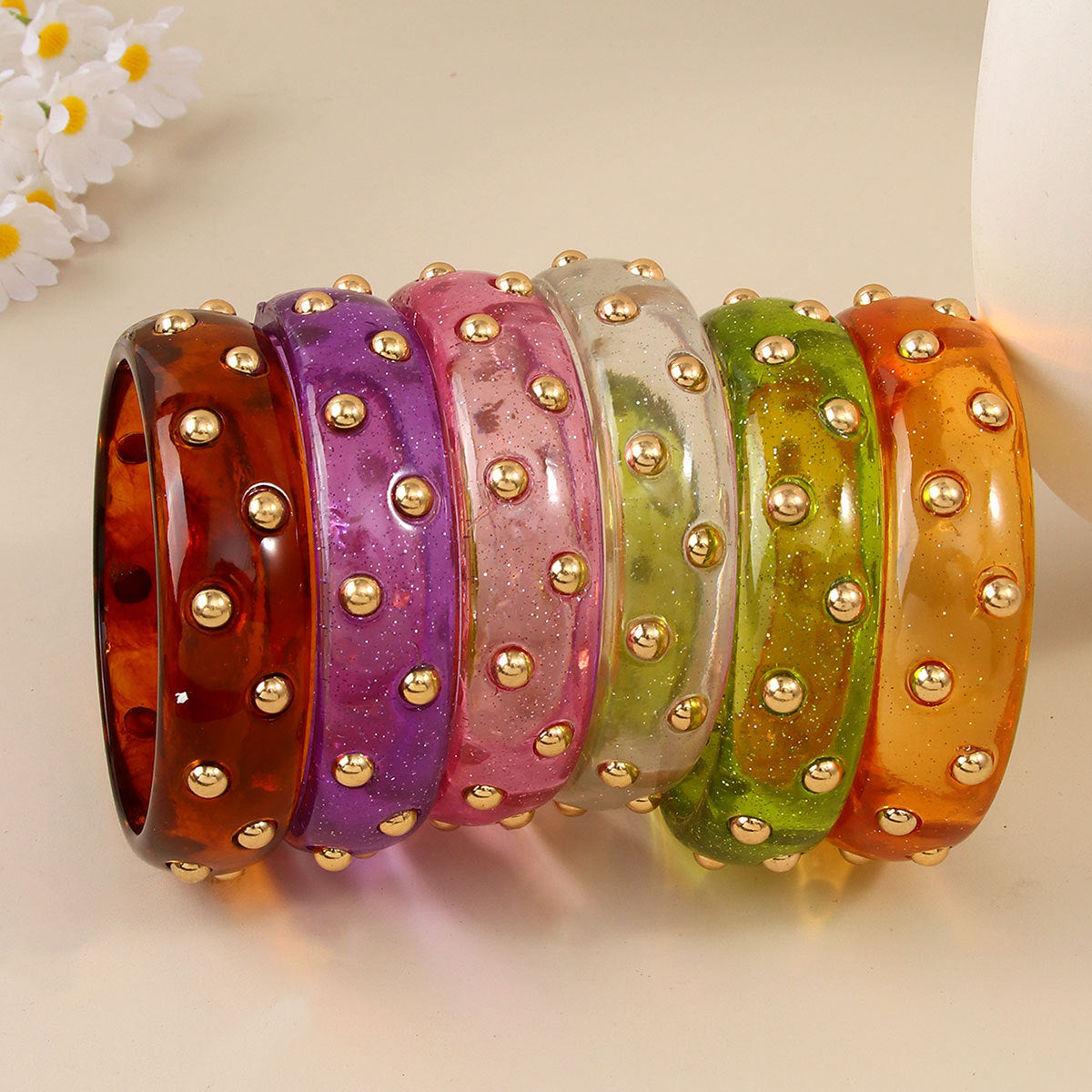 Fashion Personalized Transparent Sier Pink Diamond Gold Bean Color Resin Bracelet