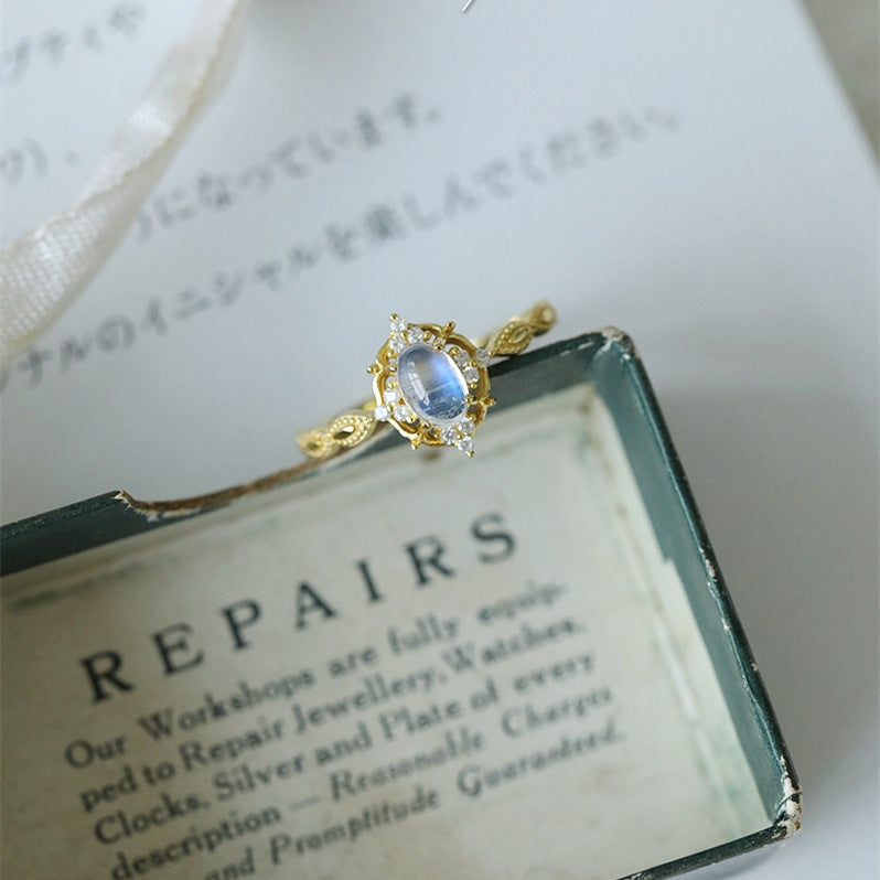 Women's Retro Style Moonstone Blue Light Natural Little Rings