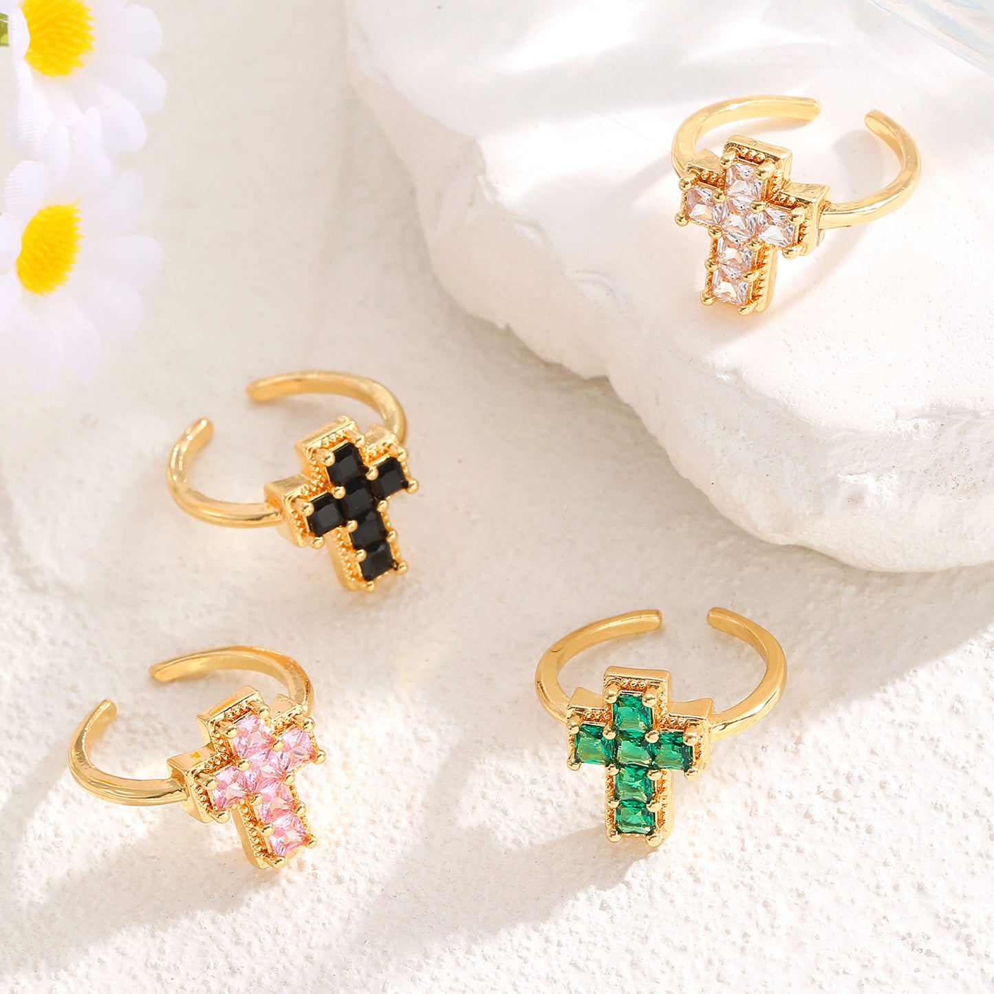 Color Zircon Cross Open Adjustable Female Affordable Ring