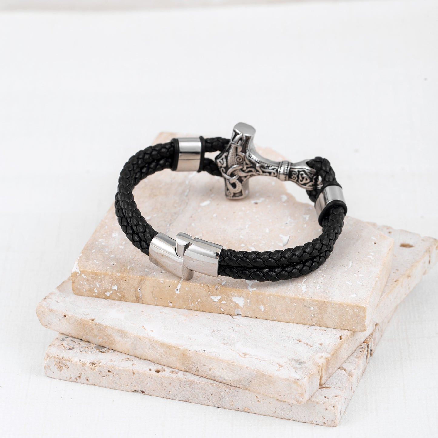 Men's Stainless Steel Woven Leather String Vikings Bracelets