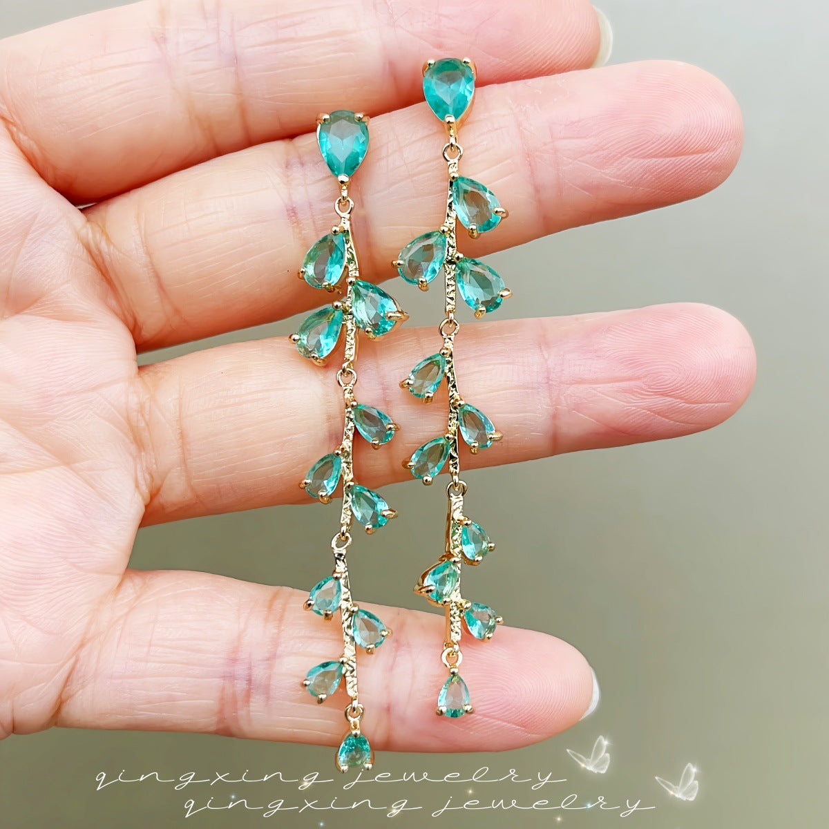 Light Green Long Zircon Tassel Niche Earrings