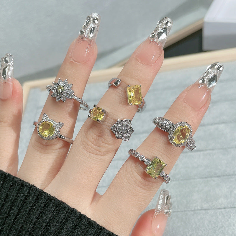 Luxury High-grade Yellow Diamond Rose Cube Candy Open Female Rings