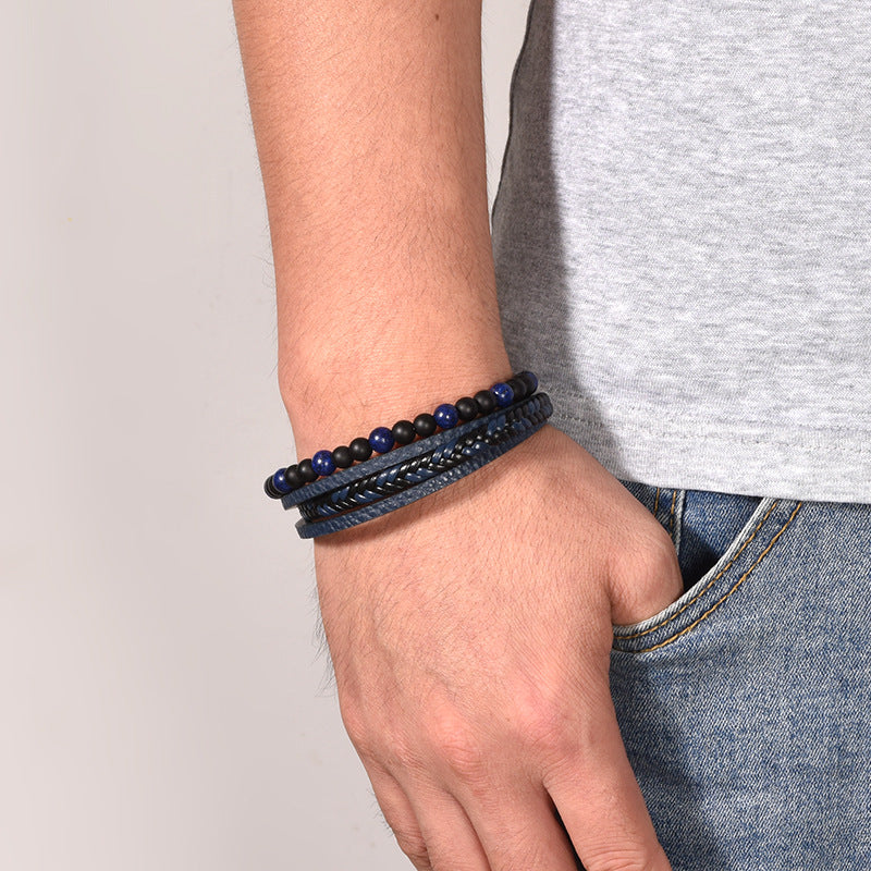 Men's Leather Woven Tigereye Magnet Beaded Titanium Bracelets