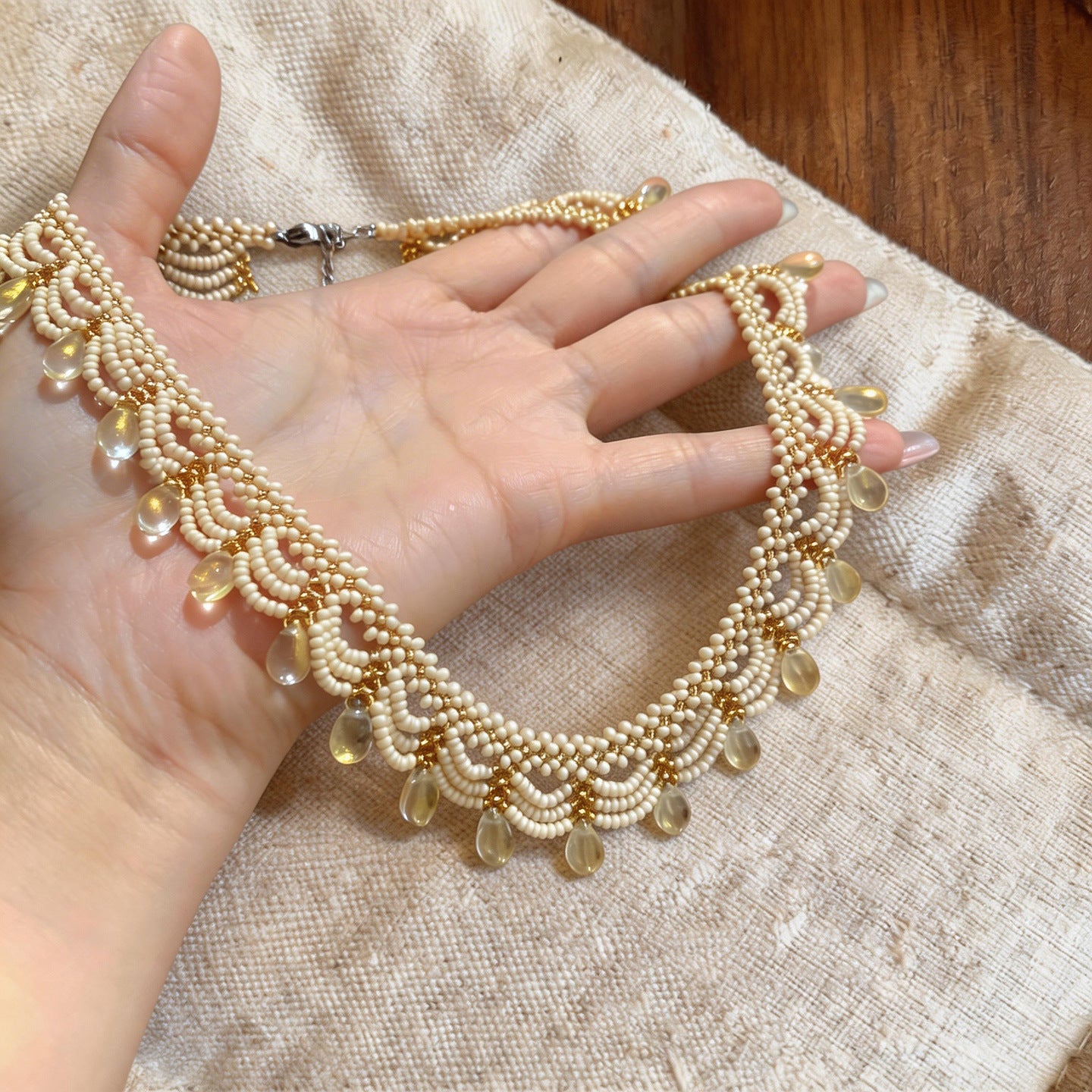 Women's Stainless Steel Glass Beaded Lace Mori Vacation Clavicle Chain Light Necklace
