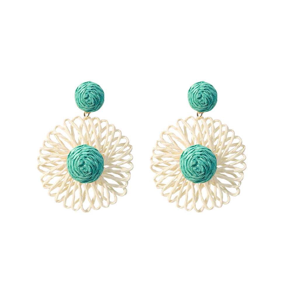 Women's Bohemian Raffia Contrast Color Hand-woven Flower Earrings