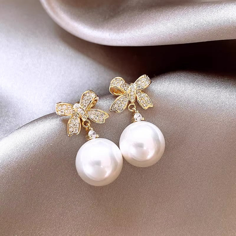 Needle Zircon Flower Pearl Tassel Retro Earrings