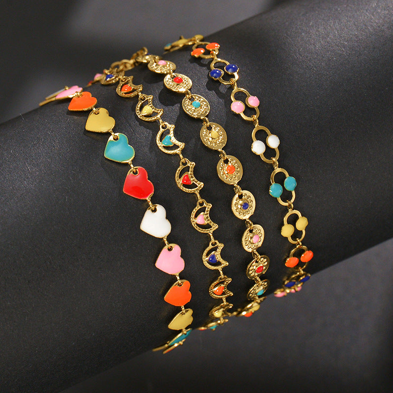 Love Round Moon Stitching Chain Female Stainless Bracelets