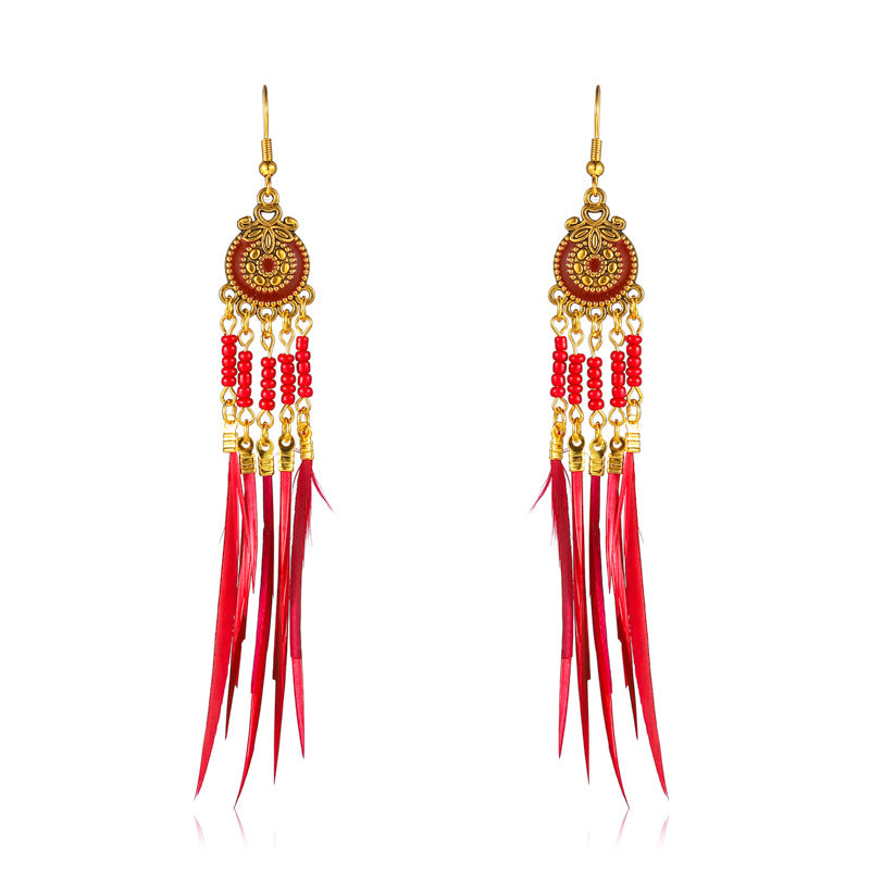 Women's Oil Dripping Round Small Colorful Feather Slimming Long Tassel Yunnan Stud Earrings