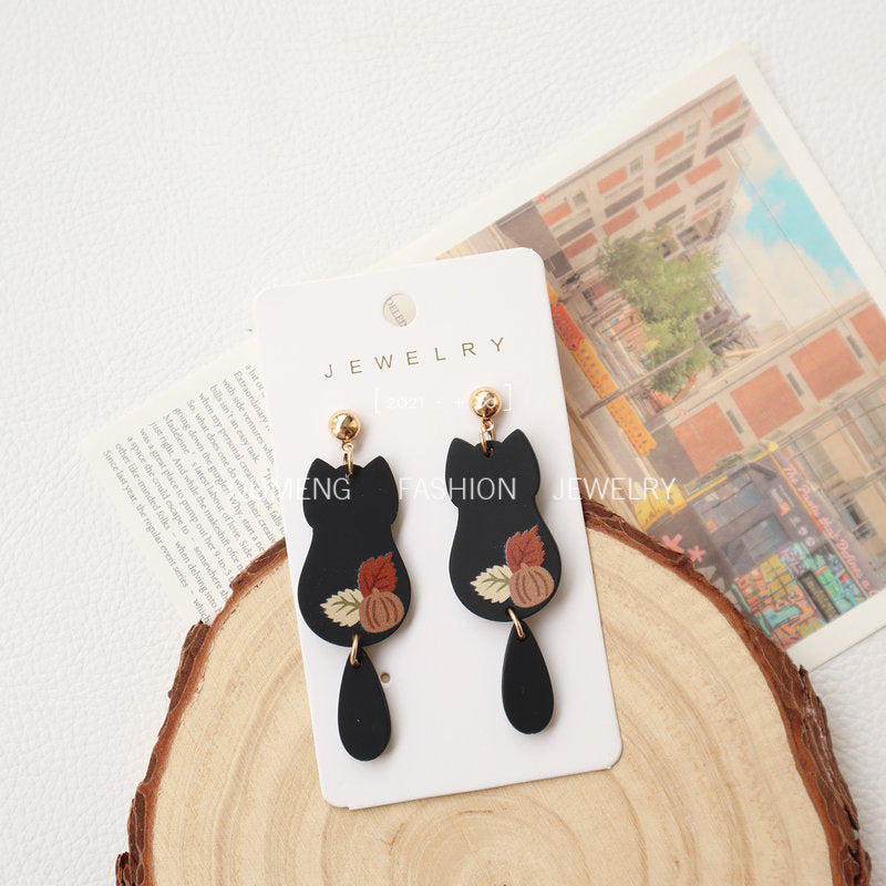 Hand Painted Acrylic Cat Maple Leaf Earrings