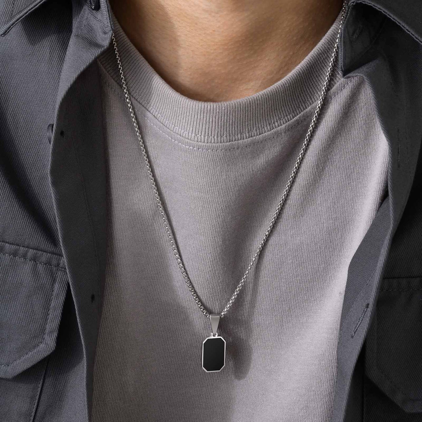 Men's Stainless Steel Epoxy Geometry Rectangle Stacked Necklaces